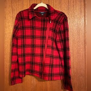 Chaps red and black plaid sweater jacket zippered